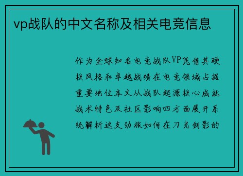 vp战队的中文名称及相关电竞信息