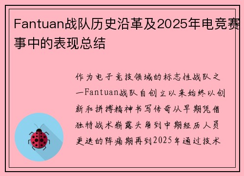 Fantuan战队历史沿革及2025年电竞赛事中的表现总结
