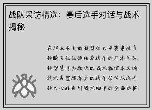 战队采访精选：赛后选手对话与战术揭秘