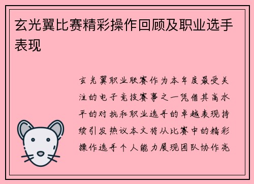 玄光翼比赛精彩操作回顾及职业选手表现